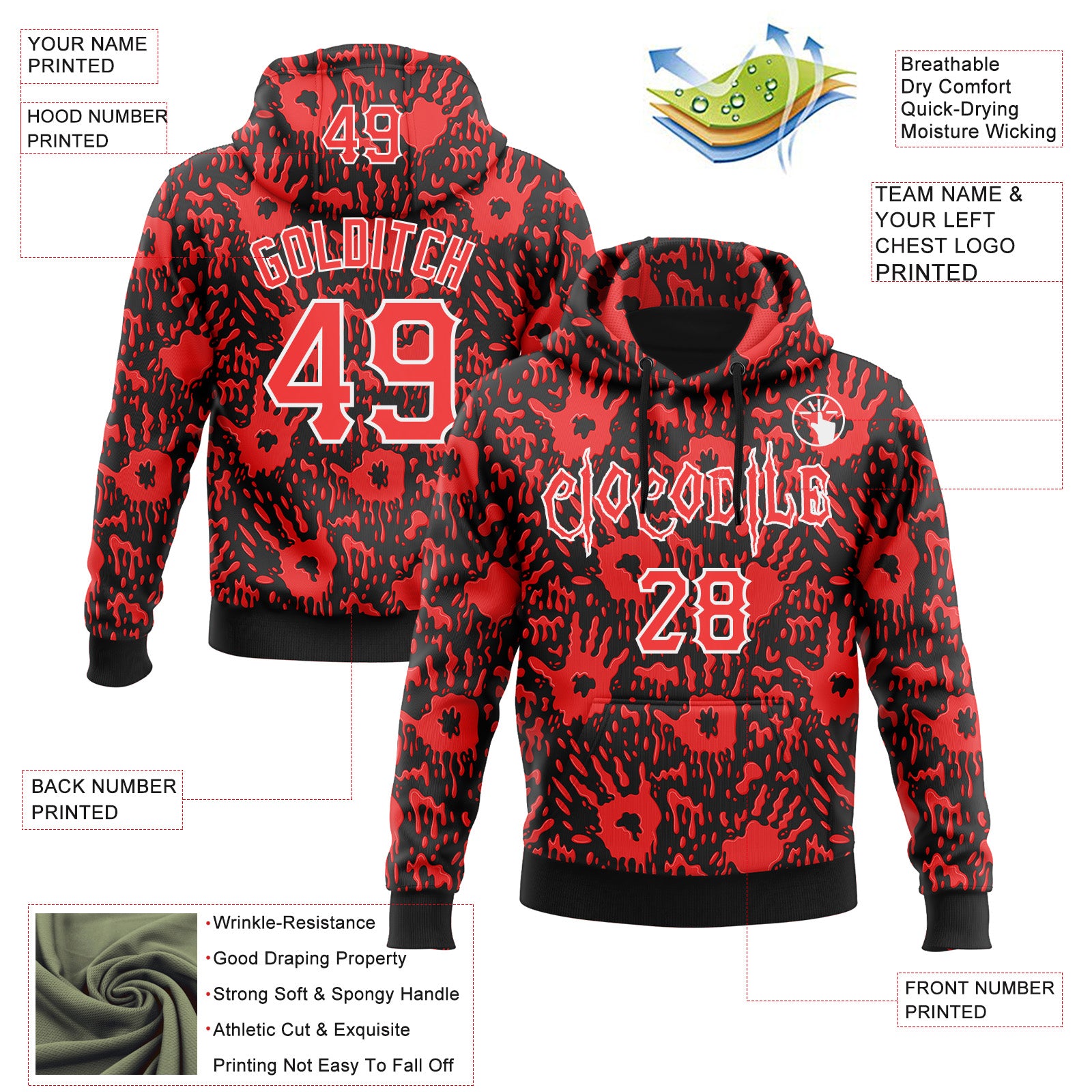 Custom Black Red-White 3D Halloween Horror Night Trick Treat Party Costume Ideas Sports Pullover Sweatshirt Hoodie