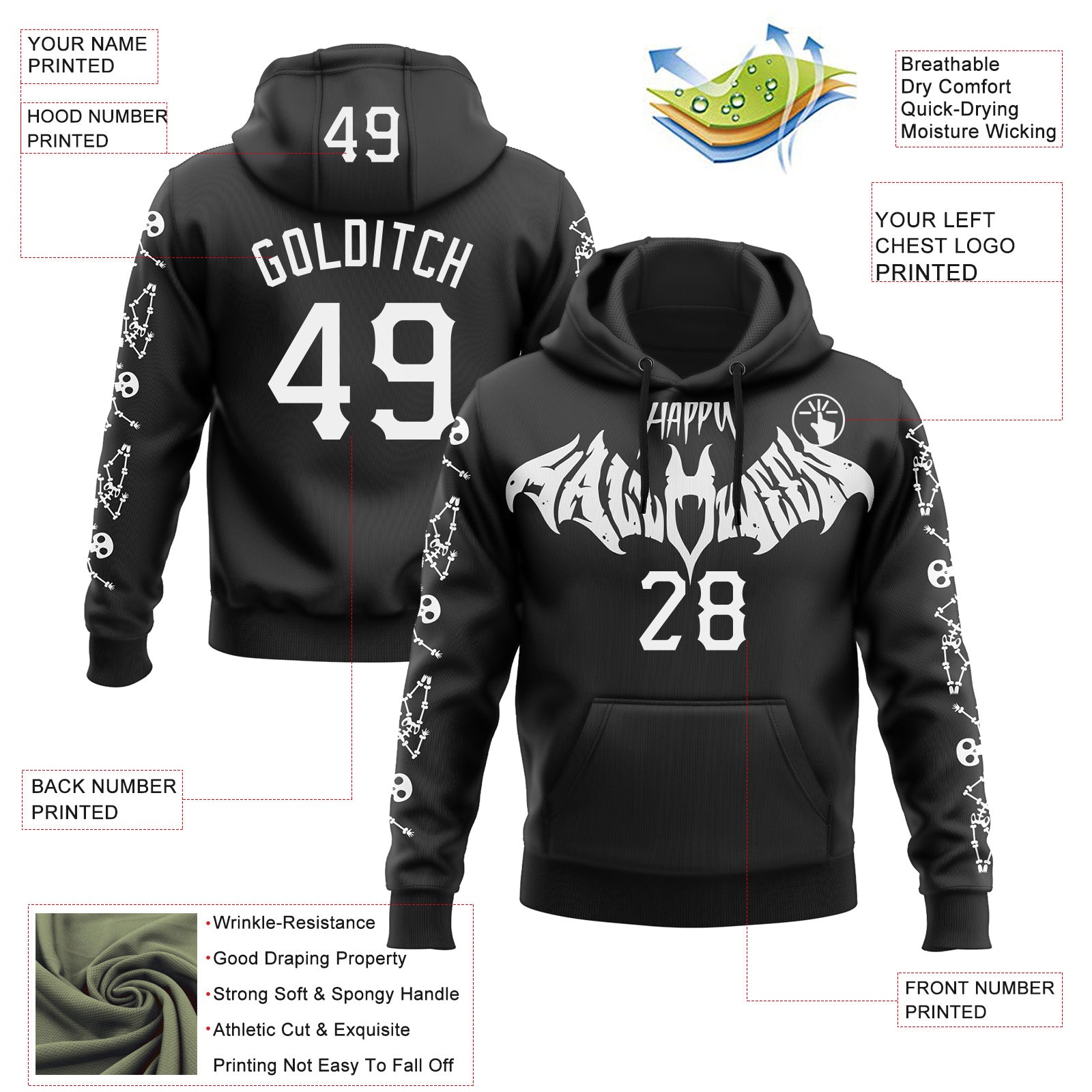 Custom Black White 3D Halloween Skeleton Bat Party Costume Ideas Sports Pullover Sweatshirt Hoodie