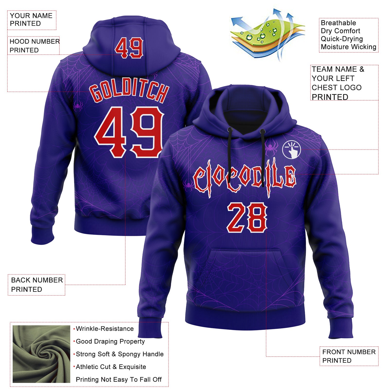 Custom Dark Purple Red-White 3D Halloween Spider Net Party Costume Ideas Sports Pullover Sweatshirt Hoodie