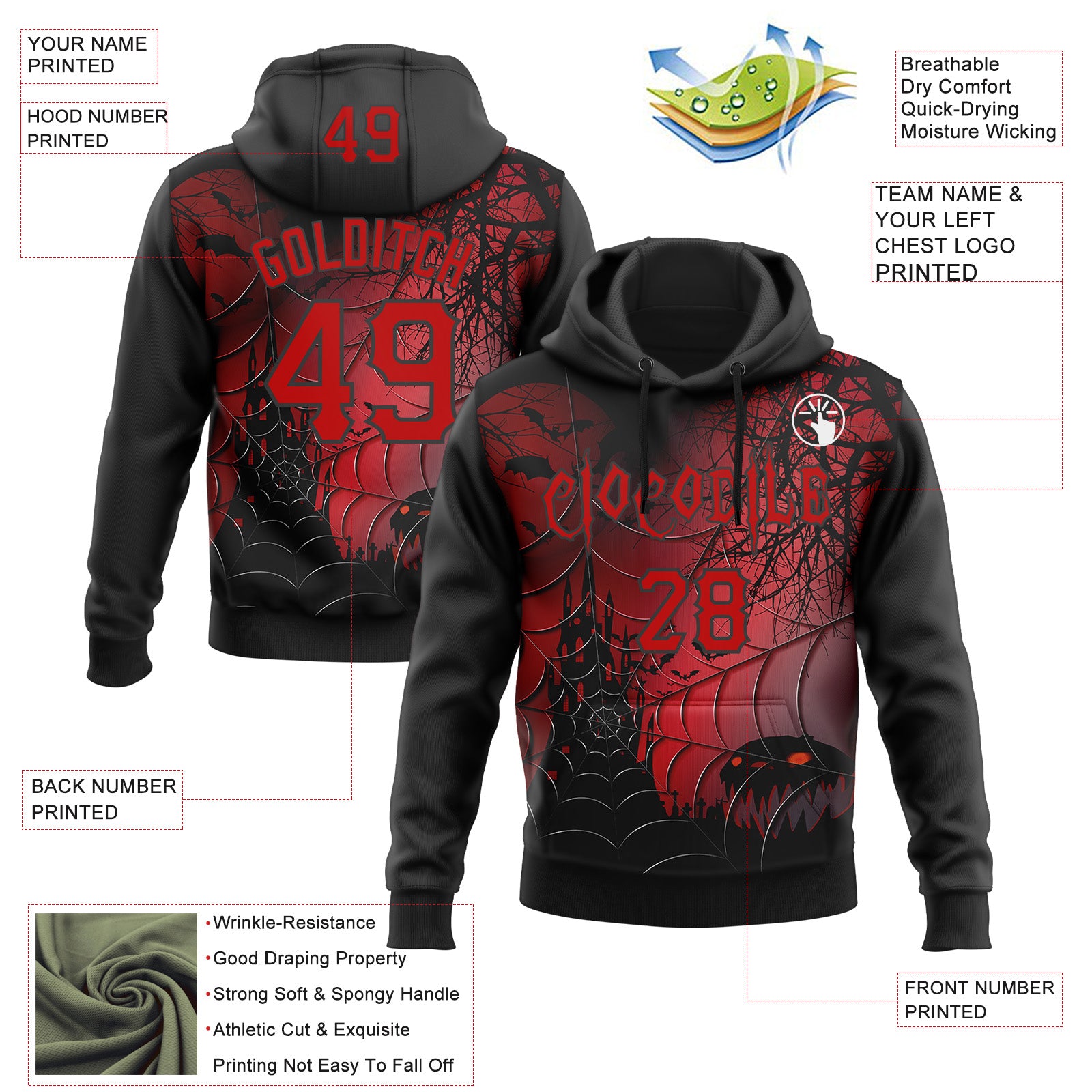 Custom Black Red 3D Halloween Spider Net Spooky Party Costume Ideas Sports Pullover Sweatshirt Hoodie