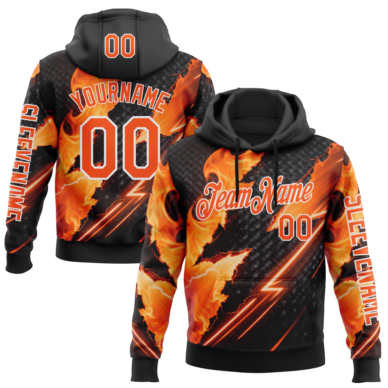 Custom Black Orange-White 3D Abstract Flame Sports Pullover Sweatshirt Hoodie