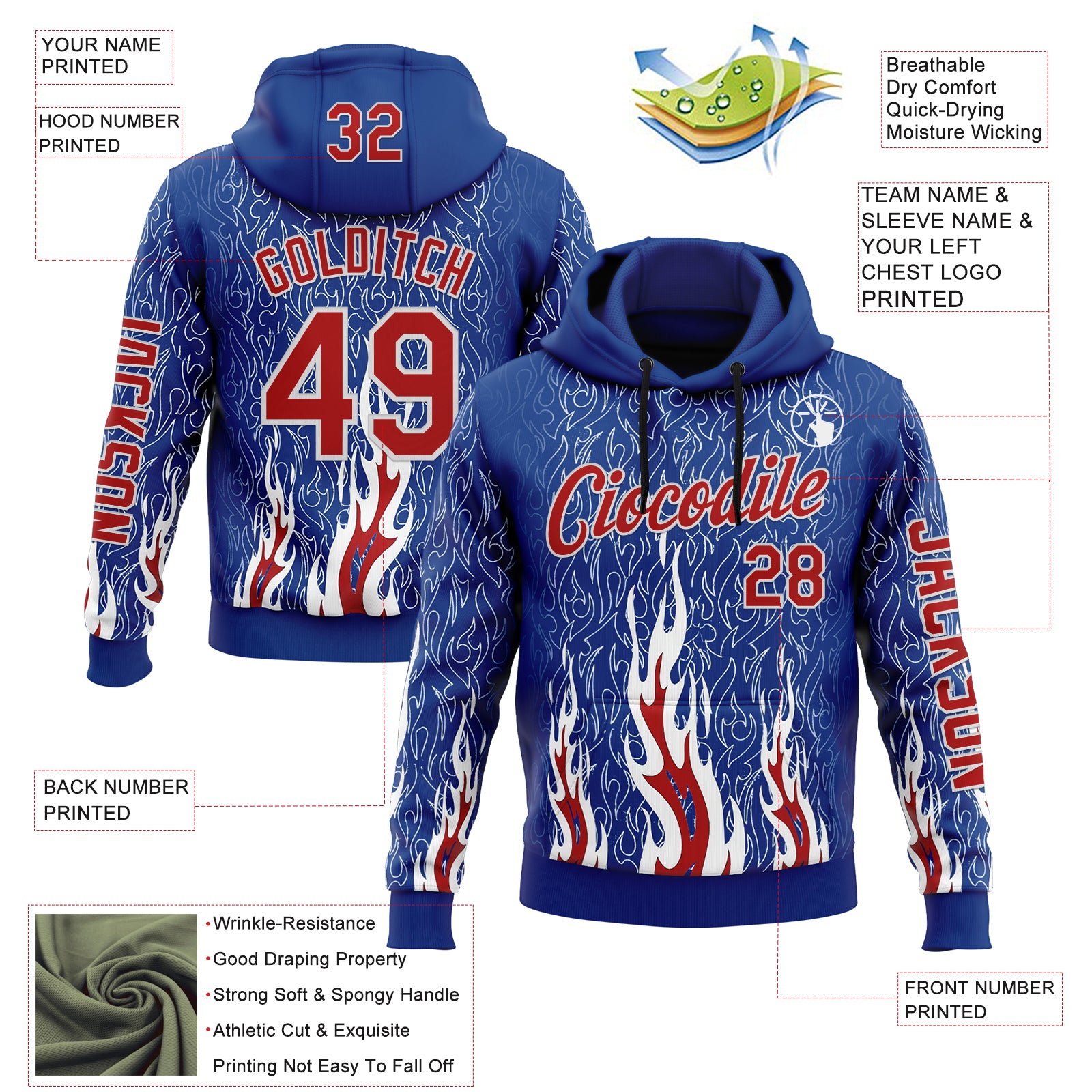 Custom Royal Red-White 3D Abstract Flame Sports Pullover Sweatshirt Hoodie