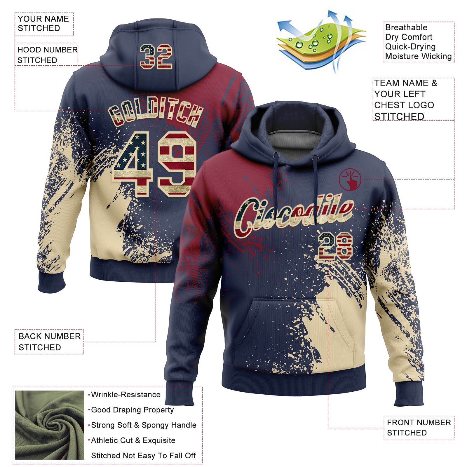 Custom Stitched Navy Vintage USA Flag Crimson-Cream 3D Pattern Design Abstract Brush Stroke Sports Pullover Sweatshirt Hoodie
