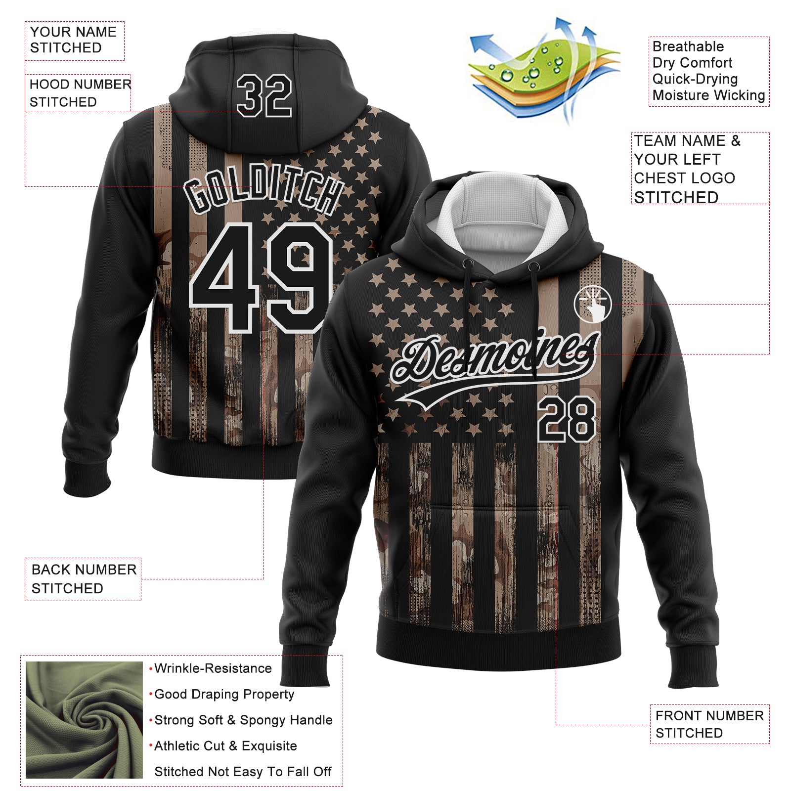Custom Stitched Black Camo-White 3D American Flag Sports Pullover Sweatshirt Hoodie