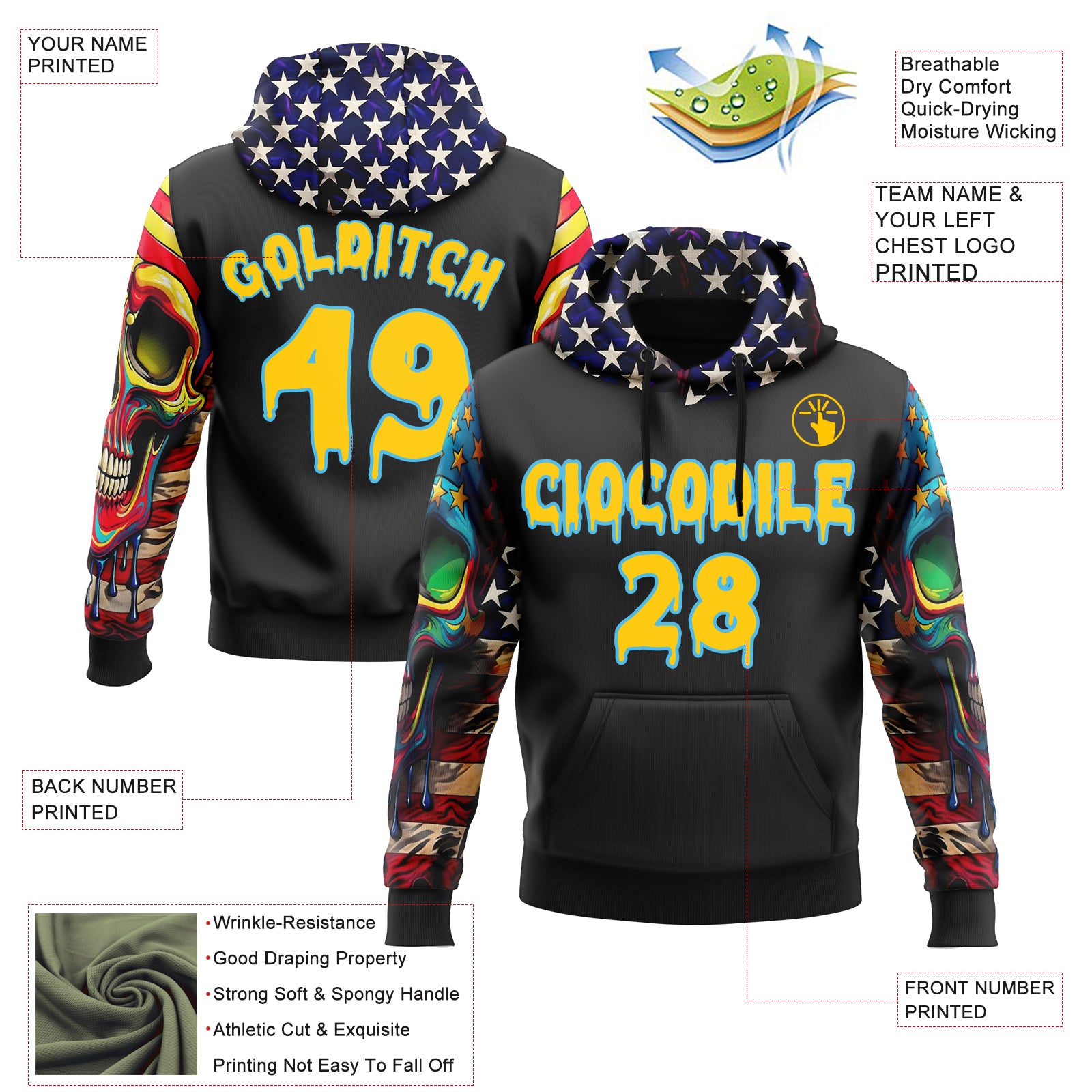 Custom Black Yellow-Sky Blue 3D Skull American Flag Inspired Graffiti Sports Pullover Sweatshirt Hoodie