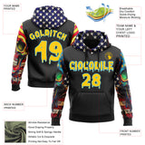 Custom Black Yellow-Sky Blue 3D Skull American Flag Inspired Graffiti Sports Pullover Sweatshirt Hoodie