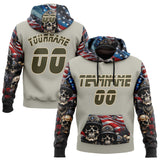 Custom Gray Olive-City Cream 3D Skull American Flag Inspired Veterans Sports Pullover Sweatshirt Hoodie