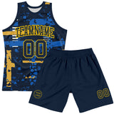 Custom Navy Yellow Abstract Shape Fragment Art Round Neck Sublimation Basketball Suit Jersey