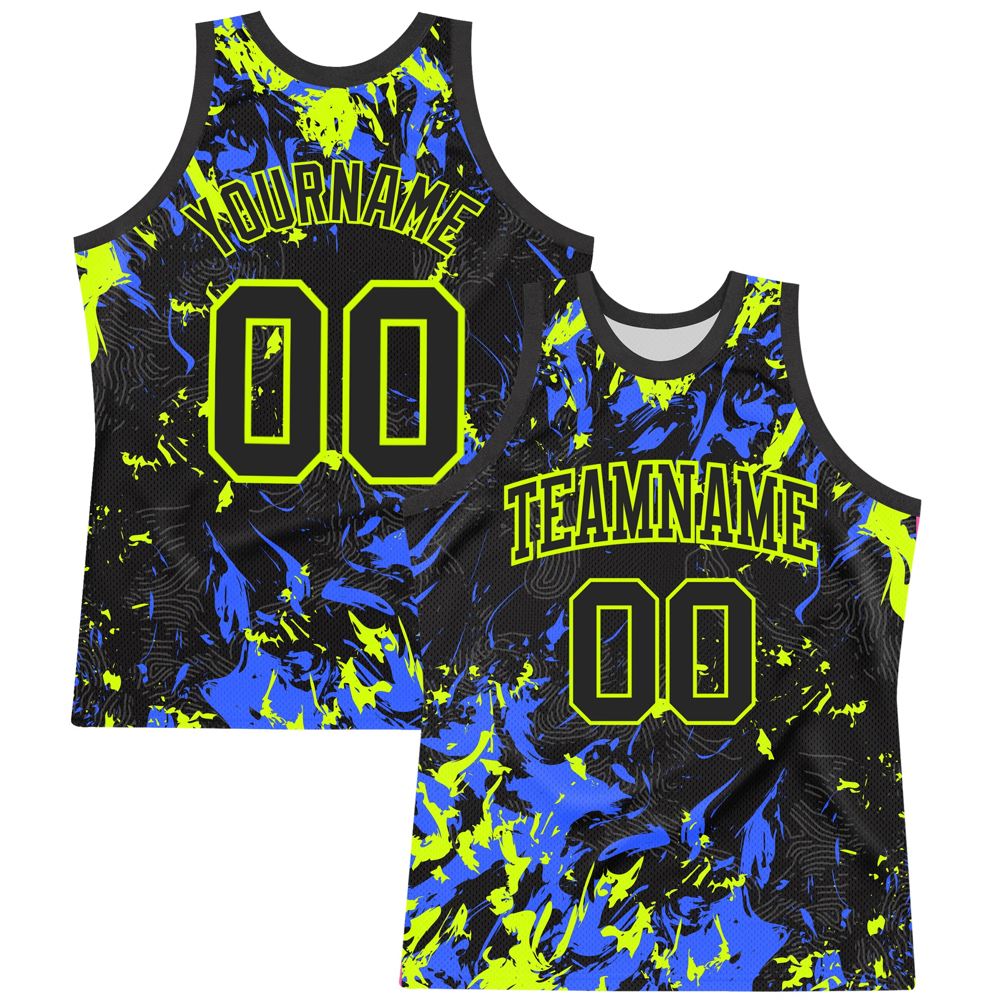 Custom Black Neon Green-Royal Splash Round Neck Sublimation Basketball Suit Jersey