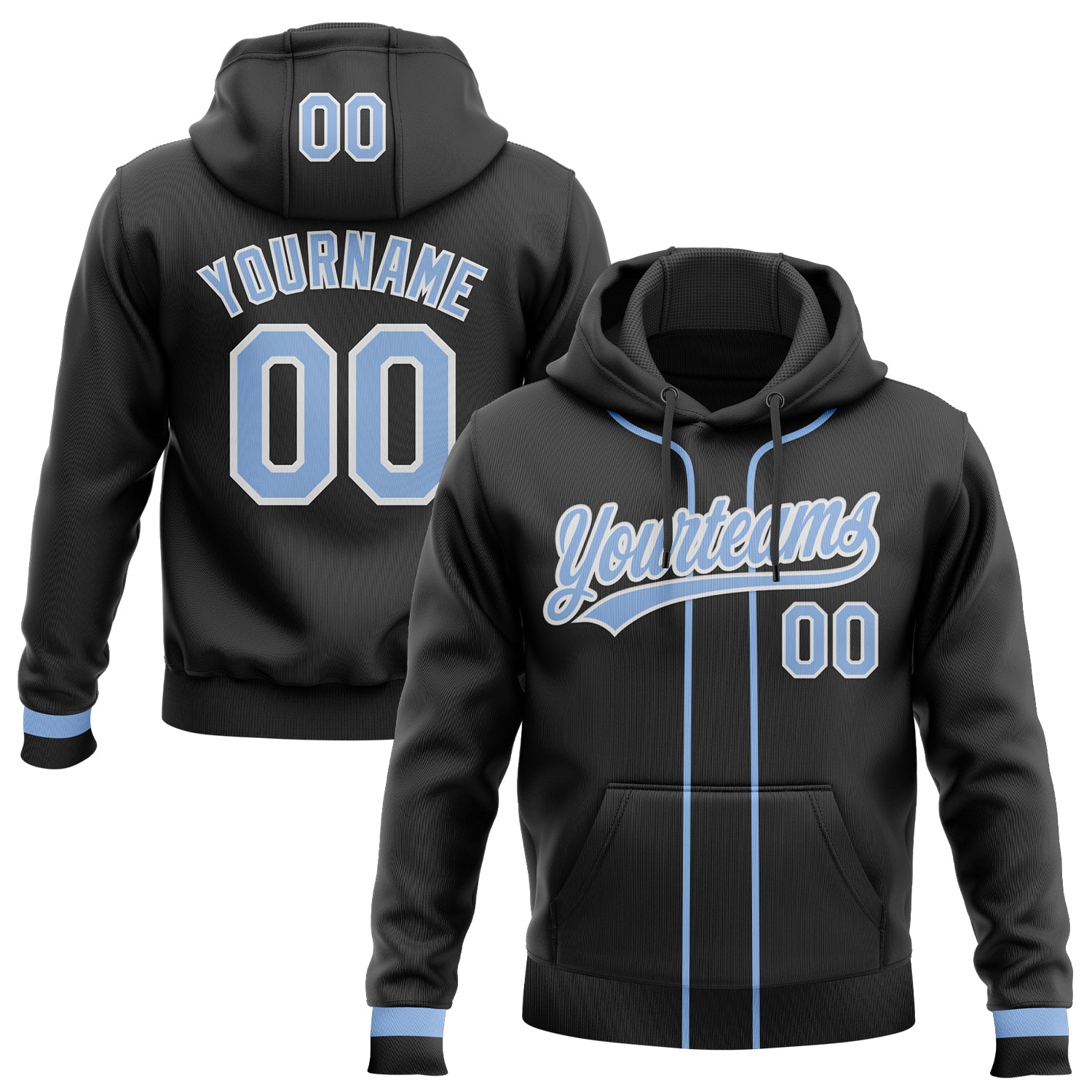 Custom Stitched Black Light Blue-White Baseball Pullover Sweatshirt Hoodie