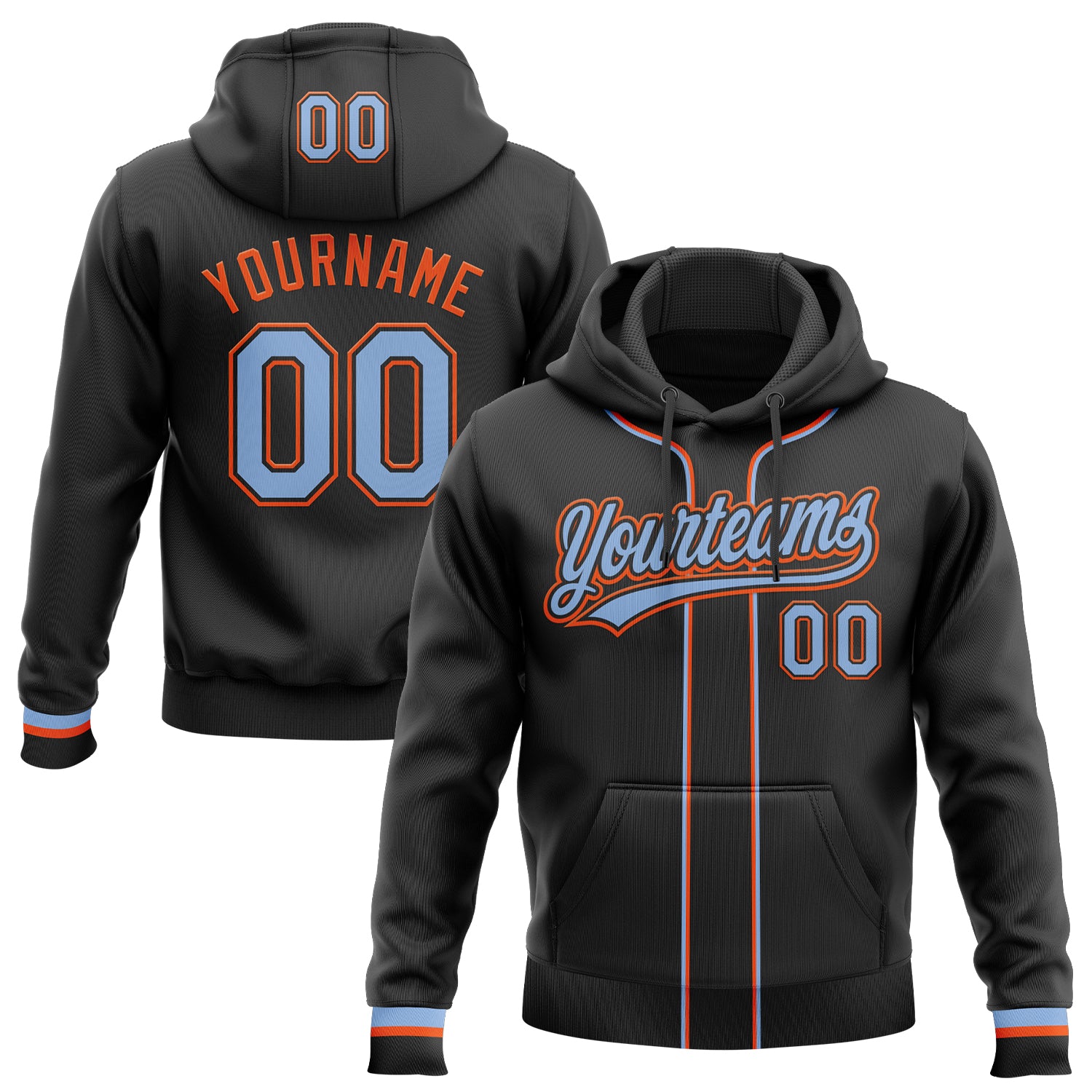 Custom Stitched Black Light Blue-Orange Baseball Pullover Sweatshirt Hoodie