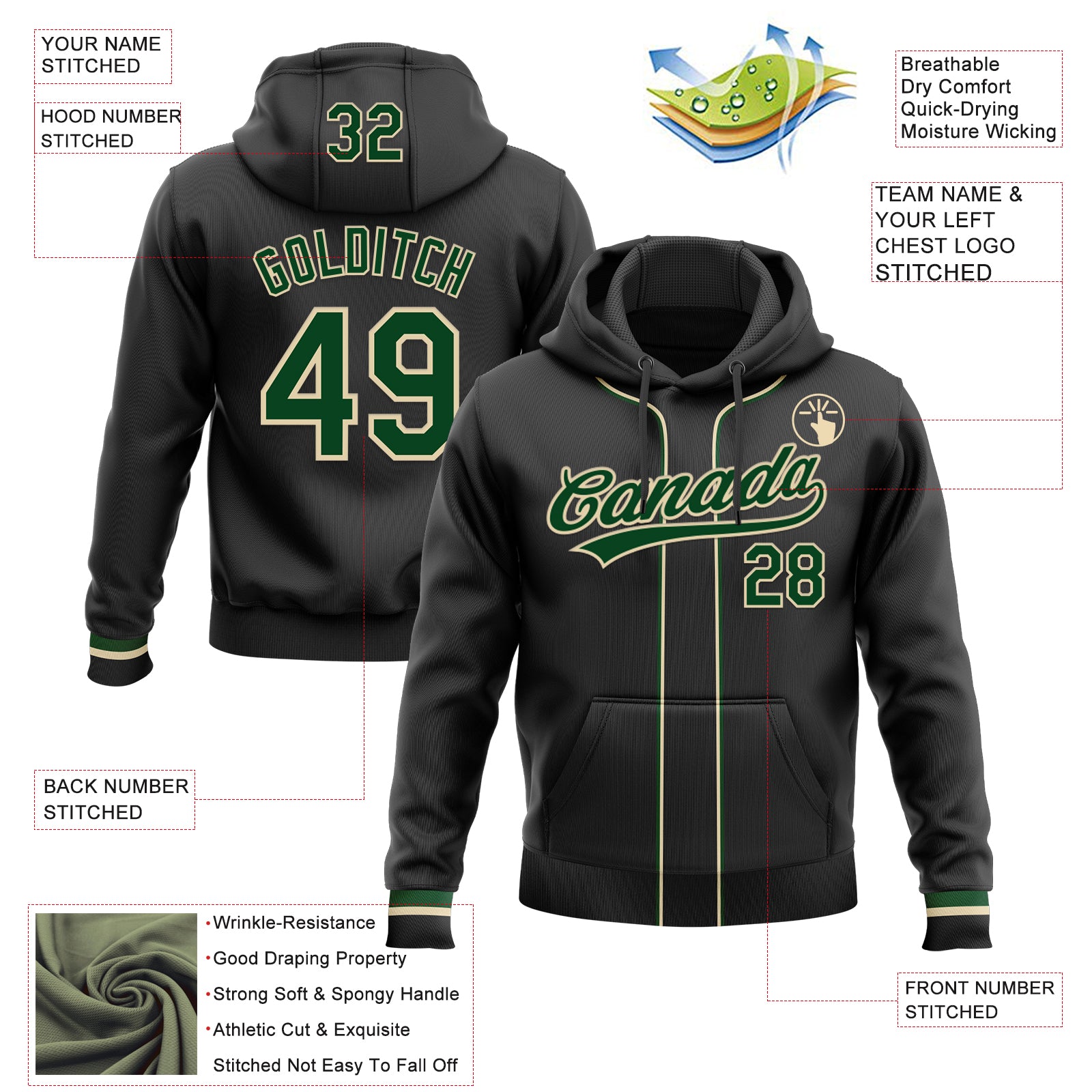 Custom Stitched Black Green-Cream Baseball Pullover Sweatshirt Hoodie