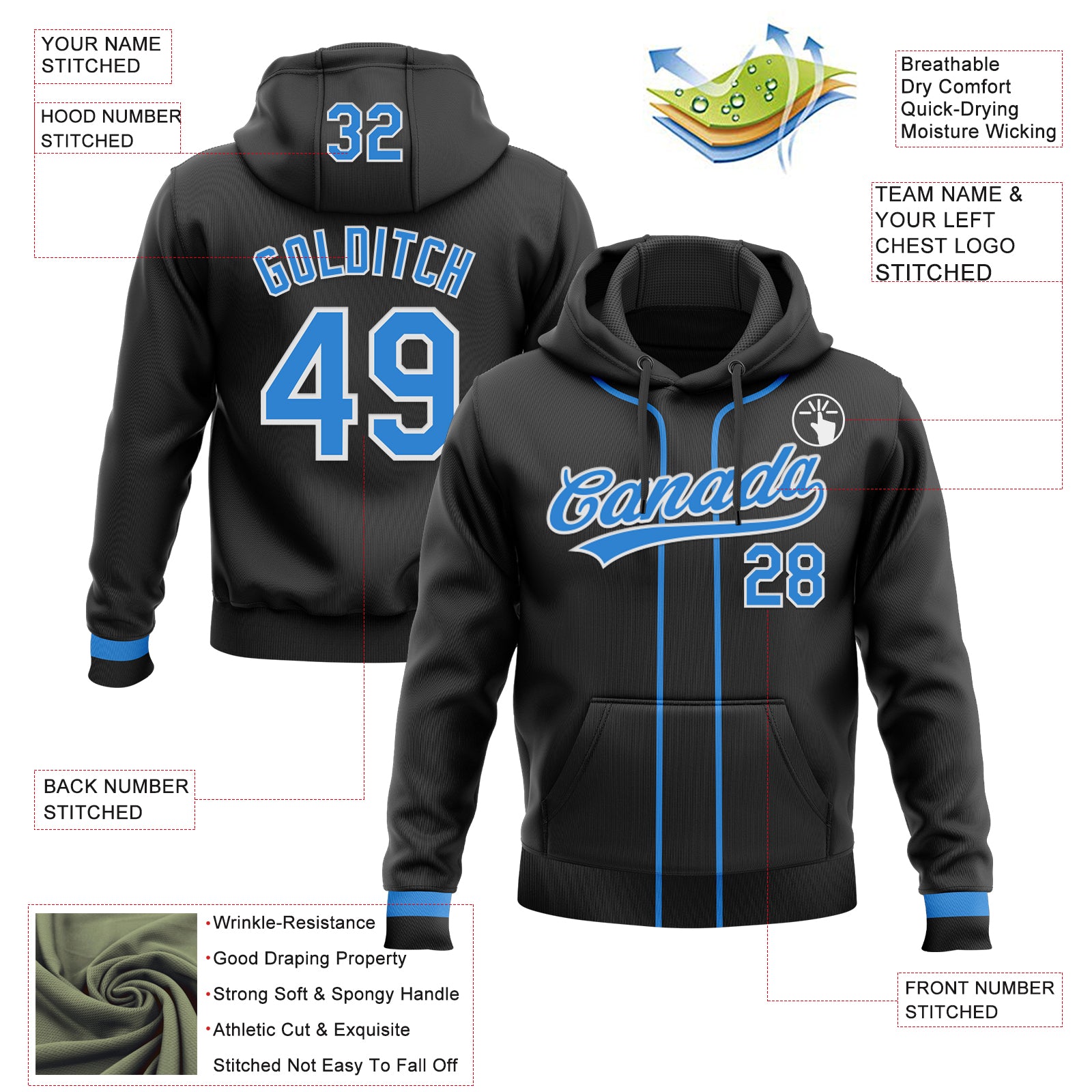 Custom Stitched Black Powder Blue-White Baseball Pullover Sweatshirt Hoodie