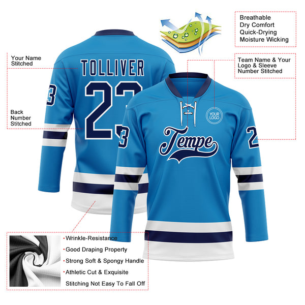 Custom Powder Blue Raglan Sleeves Lace-Up Neck Breathable Hockey Hoodie Jersey
