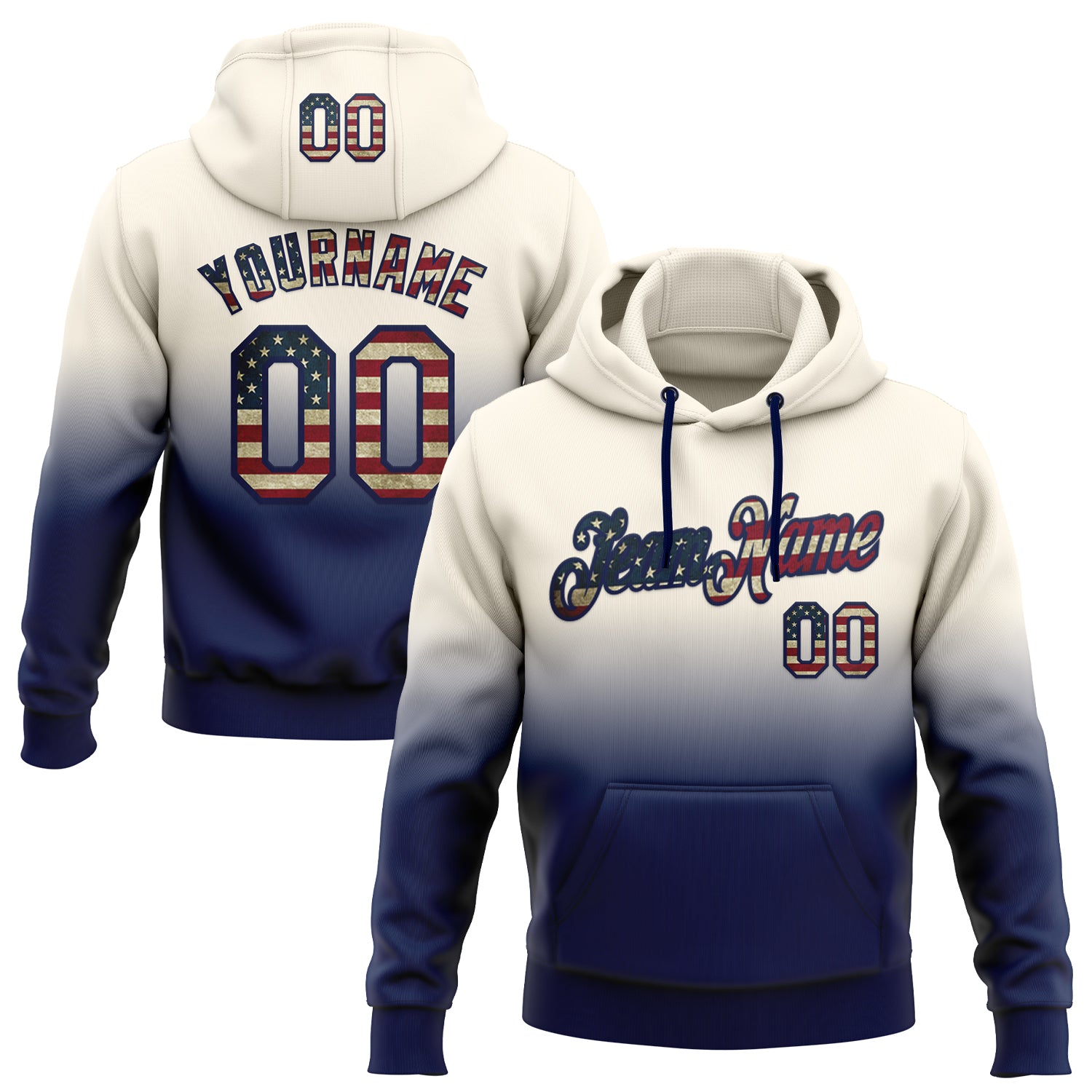 Custom Stitched Cream Vintage USA Flag-Navy Fade Fashion Sports Pullover Sweatshirt Hoodie