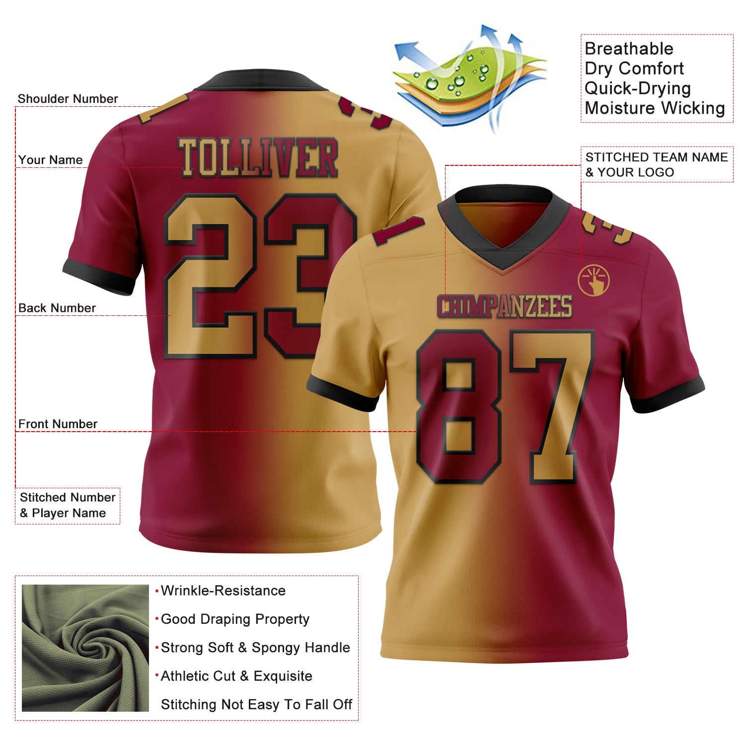 Custom Maroon Old Gold-Black Authentic Gradient Fashion Football Jersey
