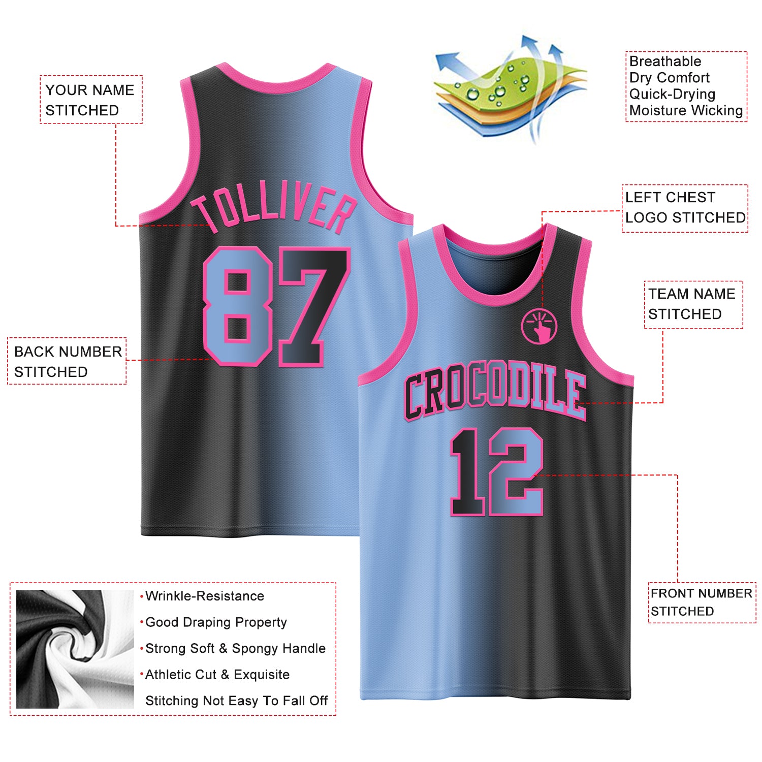 Custom Black Light Blue-Pink Authentic Gradient Fashion Basketball Jersey