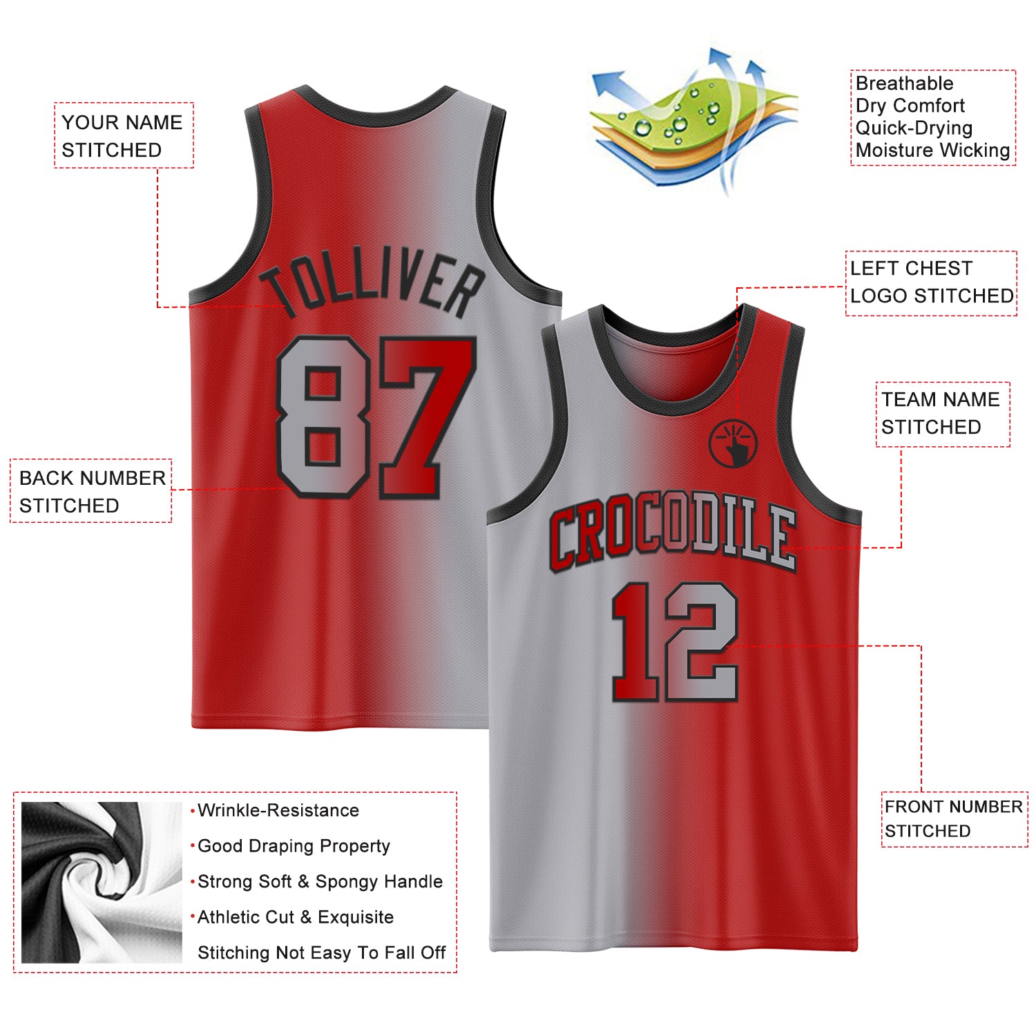 Custom Red Gray-Black Authentic Gradient Fashion Basketball Jersey