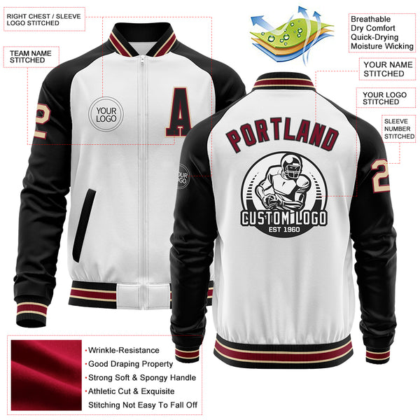 Custom White Cream Crimson City Cream-Black Bomber Varsity Letterman ...