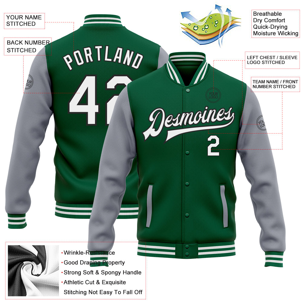 Custom Kelly Green White Gray-Black Bomber Full-Snap Varsity Letterman Two Tone Jacket
