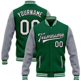 Custom Kelly Green White Gray-Black Bomber Full-Snap Varsity Letterman Two Tone Jacket