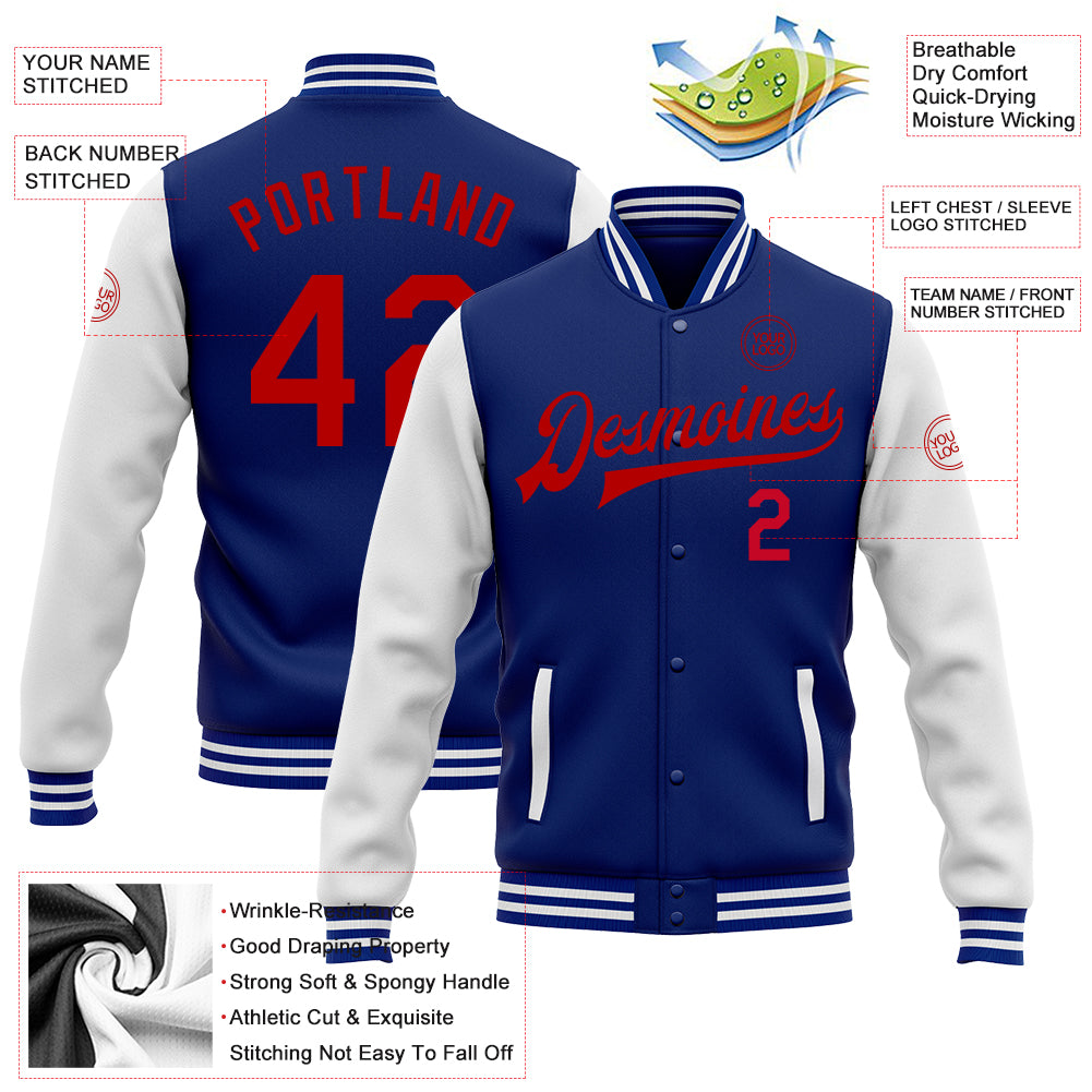Custom Royal Red-White Bomber Full-Snap Varsity Letterman Two Tone Jacket