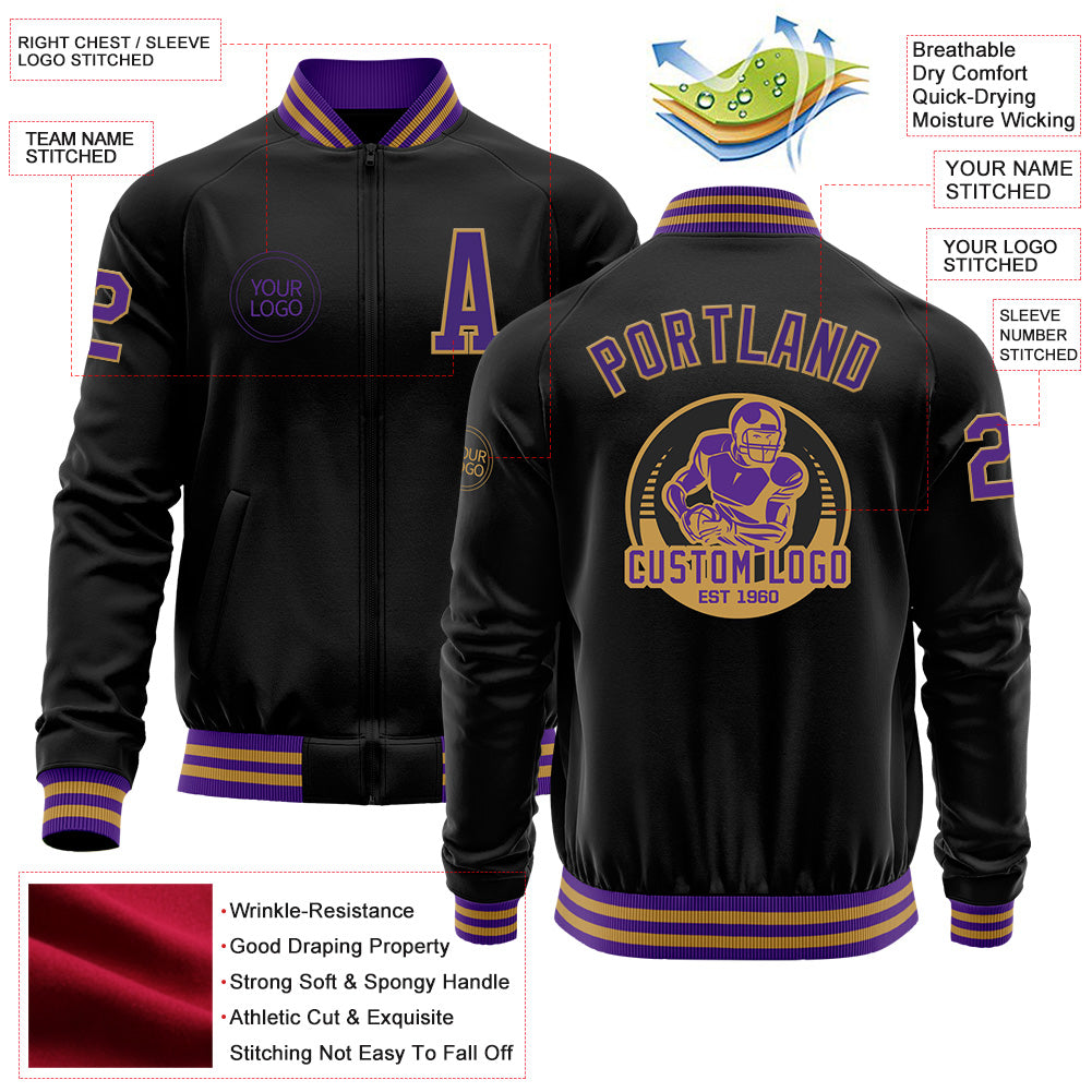Custom Black Purple-Old Gold Bomber Varsity Letterman Zipper Jacket