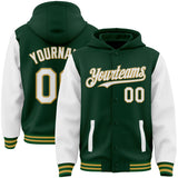 Custom Green White-Old Gold Bomber Full-Snap Varsity Letterman Two Tone Hoodie Jacket