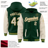 Custom Green Cream-Old Gold Bomber Full-Snap Varsity Letterman Two Tone Hoodie Jacket