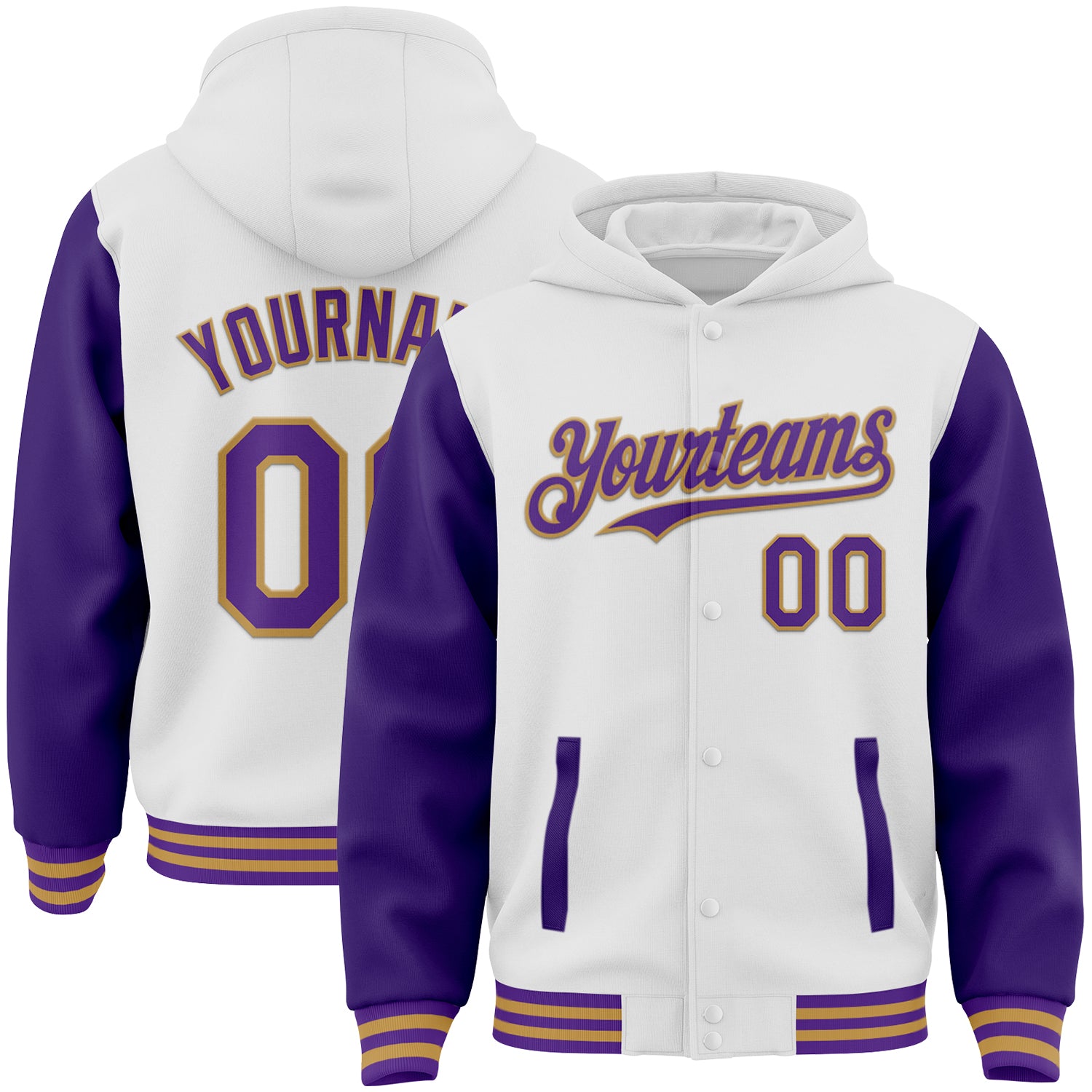 Custom White Purple-Old Gold Bomber Full-Snap Varsity Letterman Two Tone Hoodie Jacket