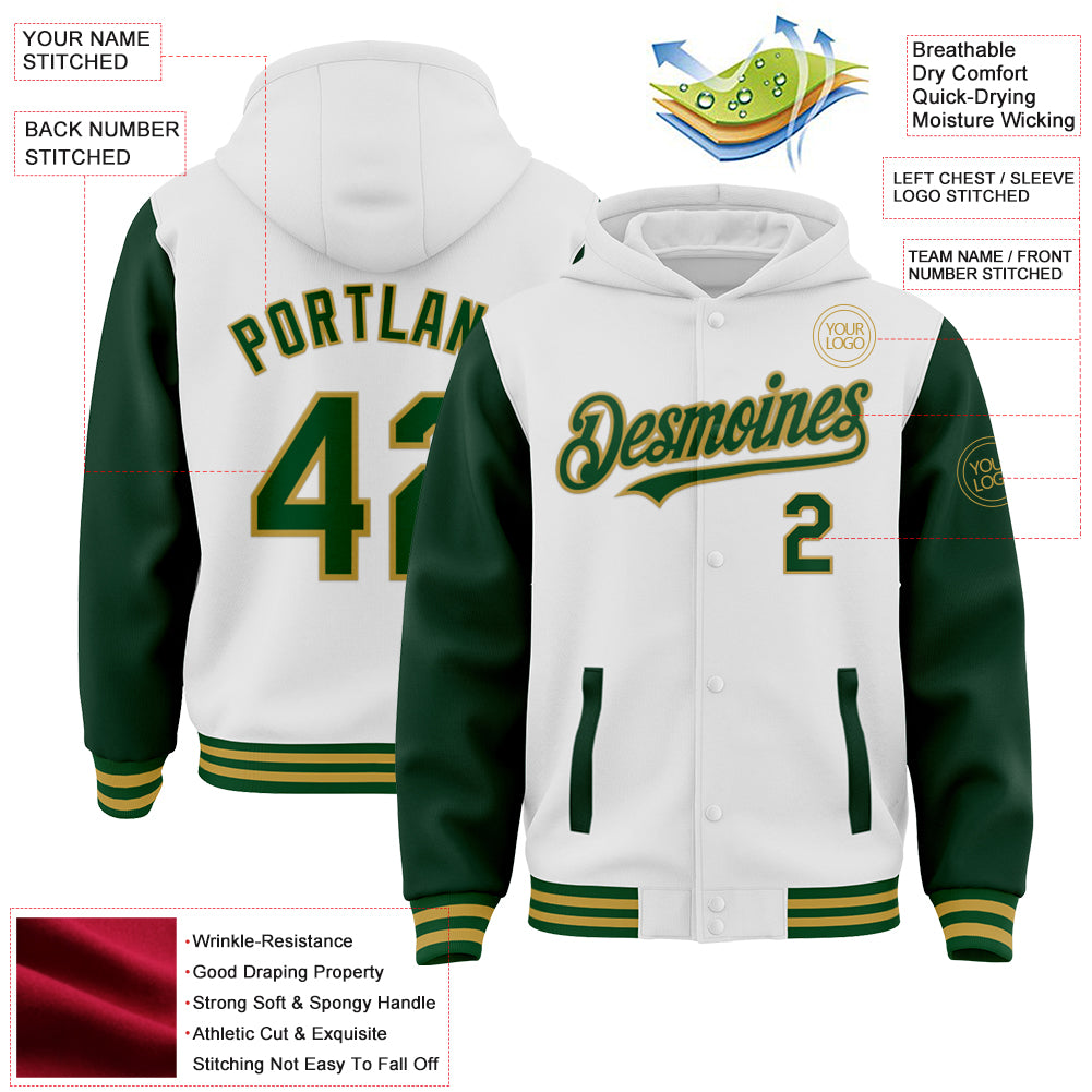 Custom White Green-Old Gold Bomber Full-Snap Varsity Letterman Two Tone Hoodie Jacket