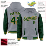 Custom Gray Green-Old Gold Bomber Full-Snap Varsity Letterman Two Tone Hoodie Jacket