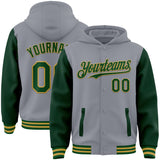 Custom Gray Green-Old Gold Bomber Full-Snap Varsity Letterman Two Tone Hoodie Jacket