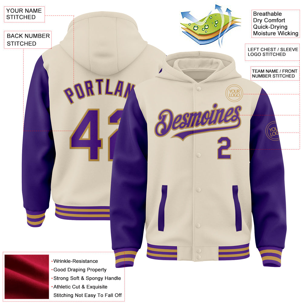 Custom Cream Purple-Old Gold Bomber Full-Snap Varsity Letterman Two Tone Hoodie Jacket