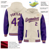 Custom Cream Purple-Old Gold Bomber Full-Snap Varsity Letterman Two Tone Hoodie Jacket