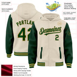 Custom Cream Green-Old Gold Bomber Full-Snap Varsity Letterman Two Tone Hoodie Jacket