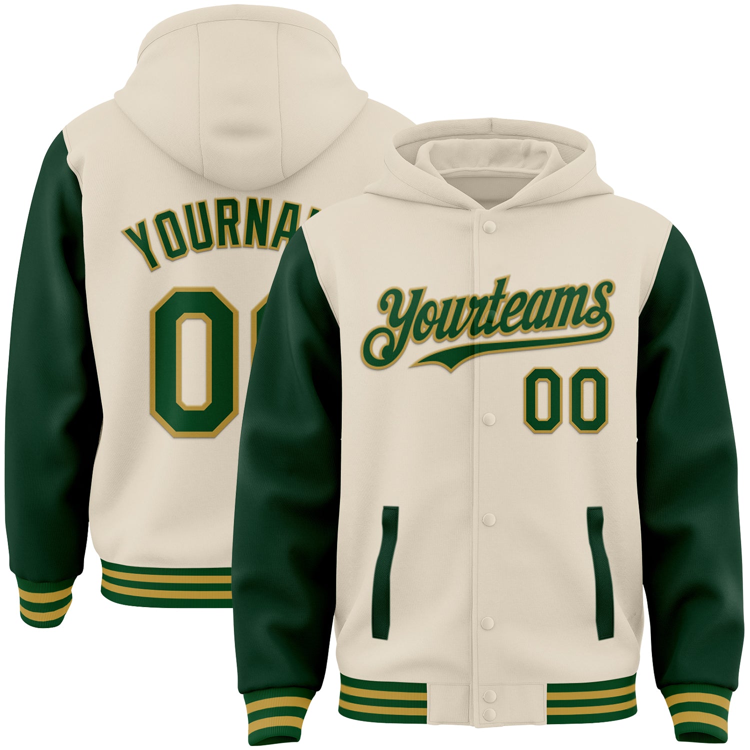 Custom Cream Green-Old Gold Bomber Full-Snap Varsity Letterman Two Tone Hoodie Jacket