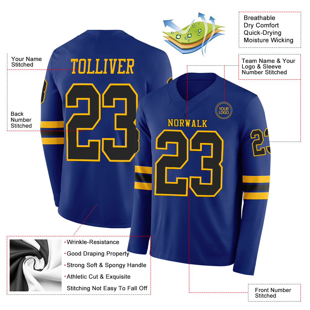 Custom Royal Black-Gold Long Sleeve Authentic Football Jersey