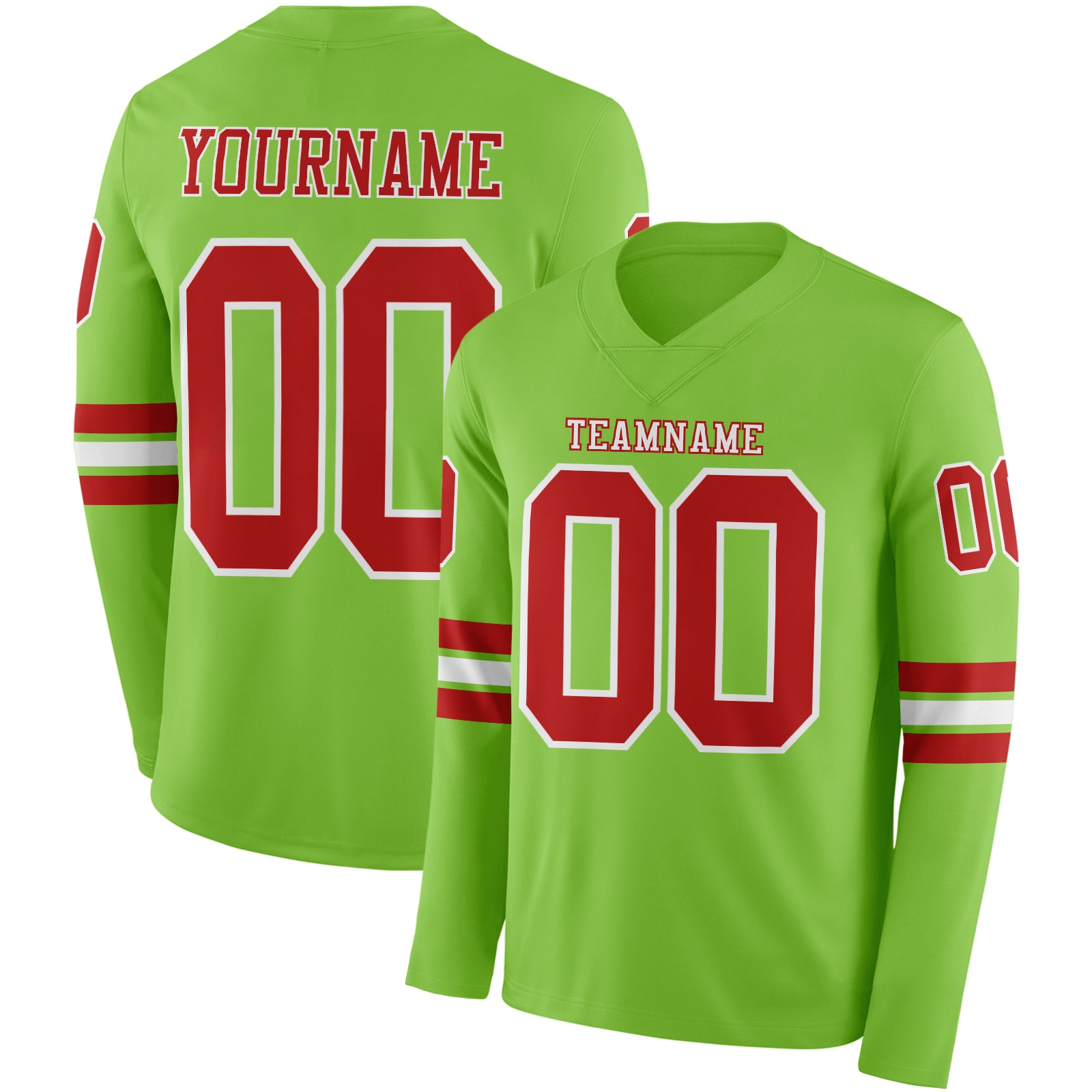 Custom Neon Green Red-White Long Sleeve Authentic Football Jersey