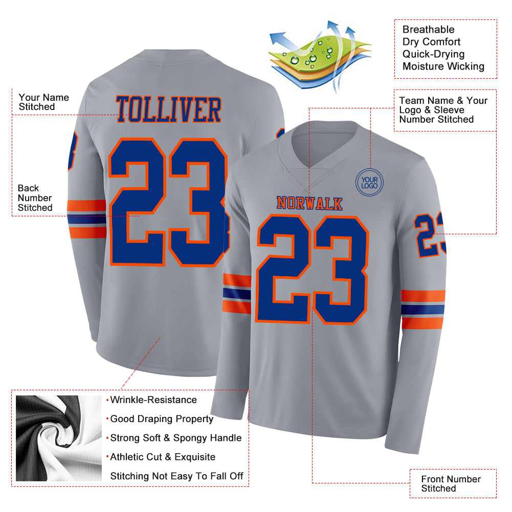 Custom Gray Royal-Orange Long Sleeve Authentic Football Jersey