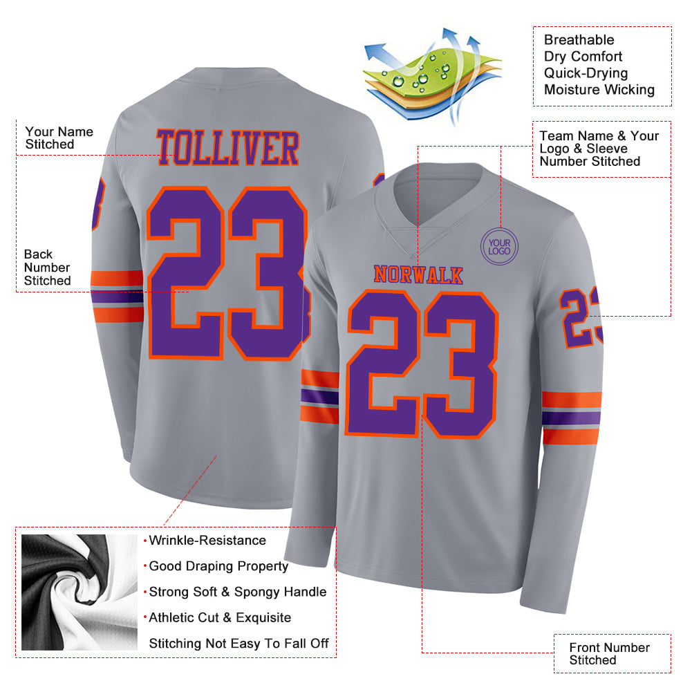 Custom Gray Purple-Orange Long Sleeve Authentic Football Jersey