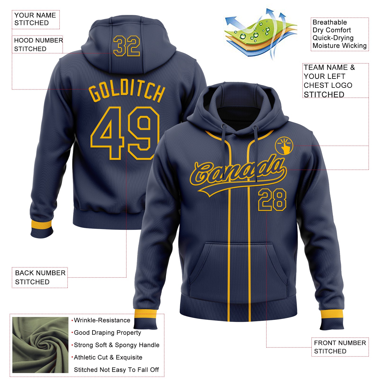Custom Stitched Navy Gold Baseball Pullover Sweatshirt Hoodie