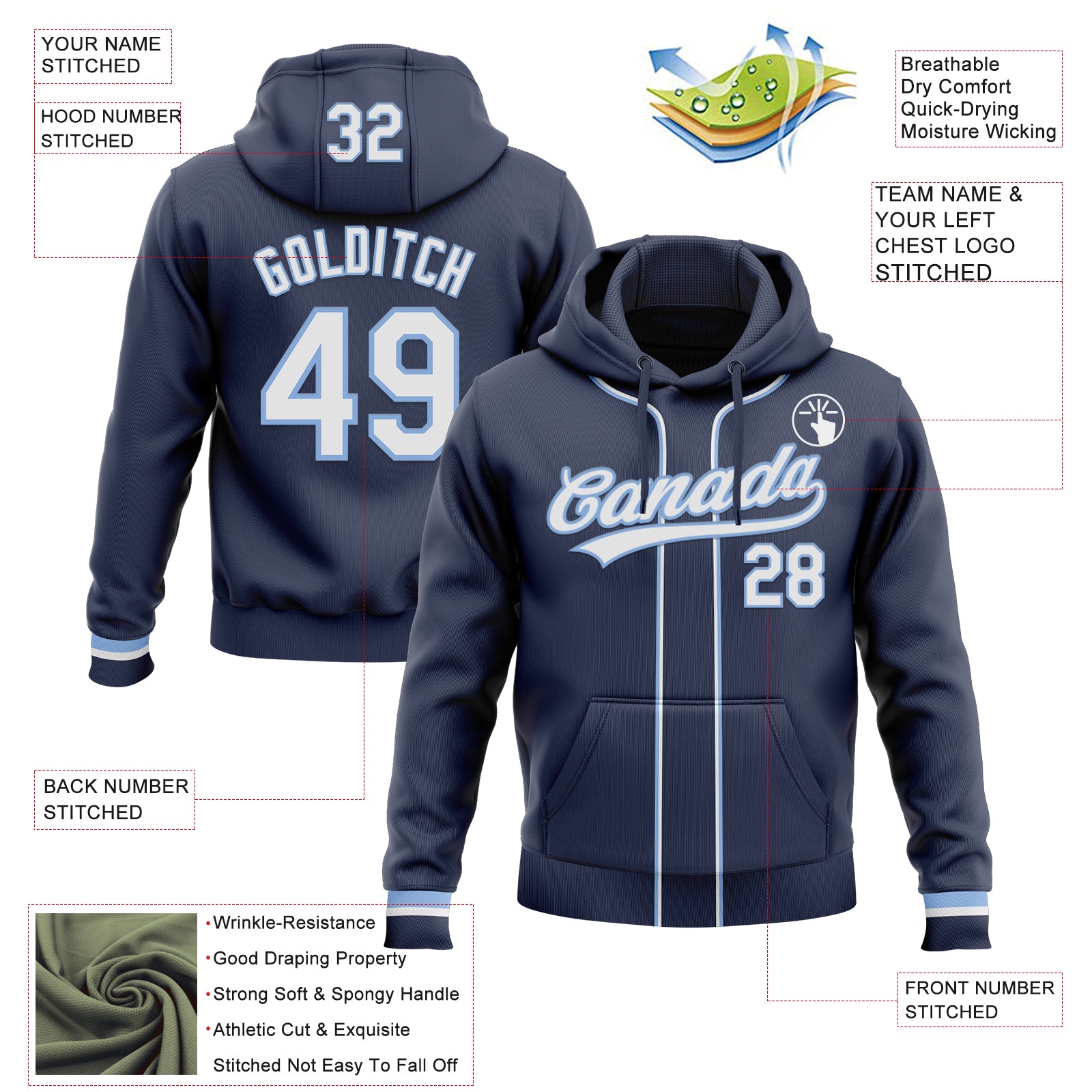 Custom Stitched Navy White-Light Blue Baseball Pullover Sweatshirt Hoodie