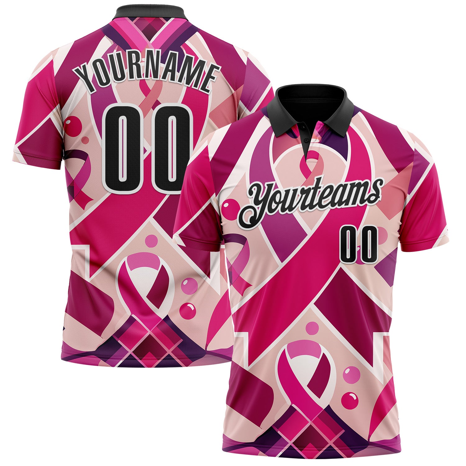 Custom Pink Black-White 3D Pink Ribbon Breast Cancer Awareness Month Women Health Care Support Performance Polo Shirt