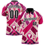 Custom Pink Black-White 3D Pink Ribbon Breast Cancer Awareness Month Women Health Care Support Performance Polo Shirt