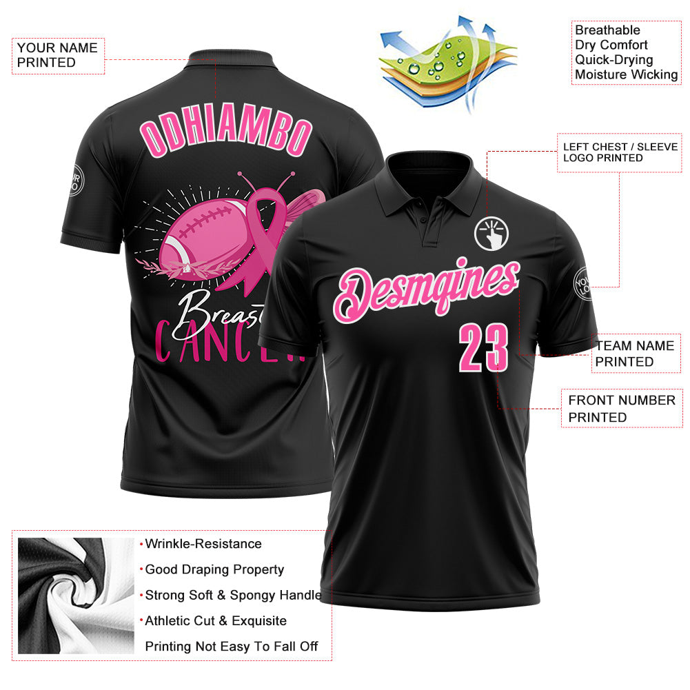 Custom Black Pink-White 3D Pink Ribbon Breast Cancer Awareness Month Women Health Care Support Footballl Performance Polo Shirt