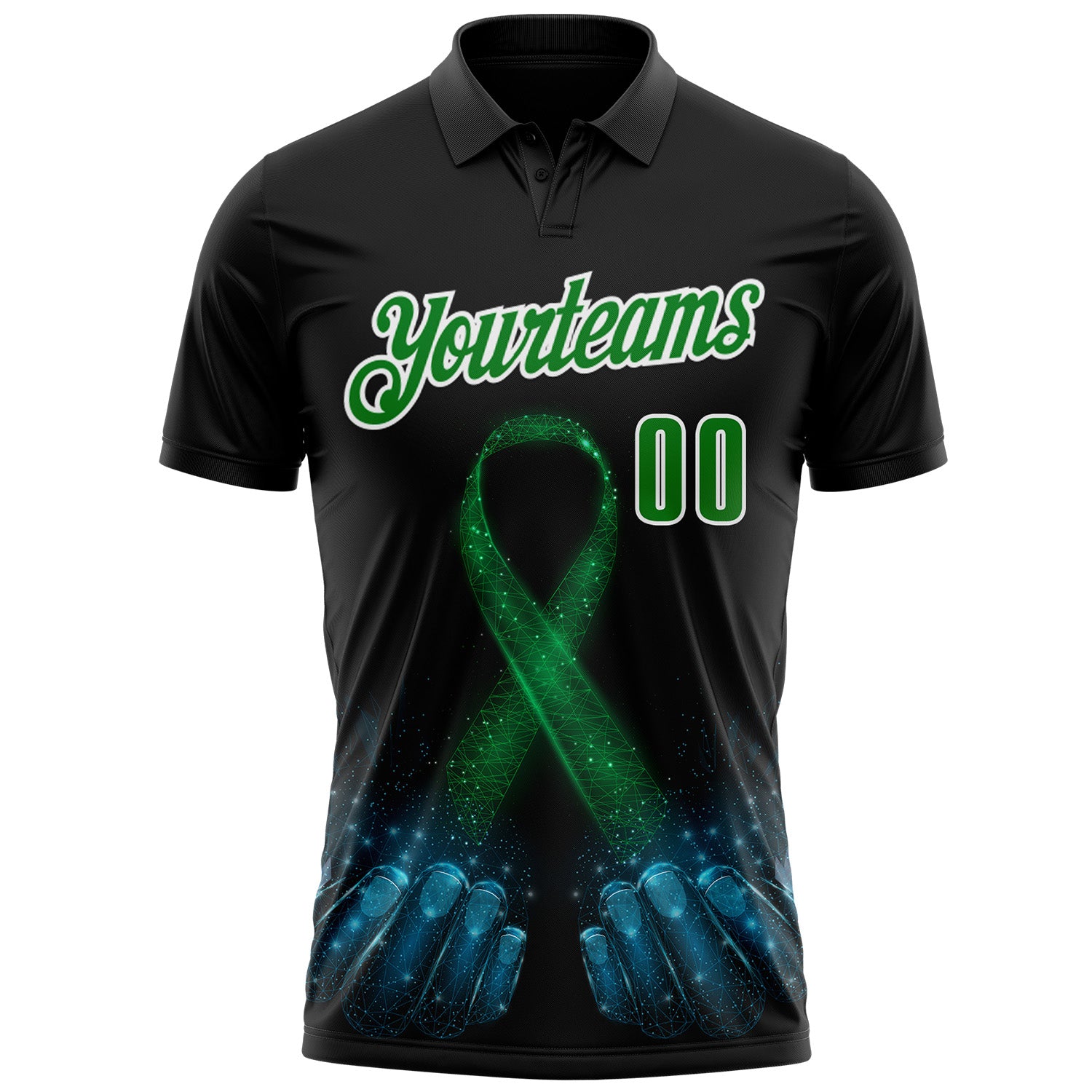 Custom Black Grass Green-White 3D Pattern Design Green Ribbon Liver Cancer Performance Polo Shirt