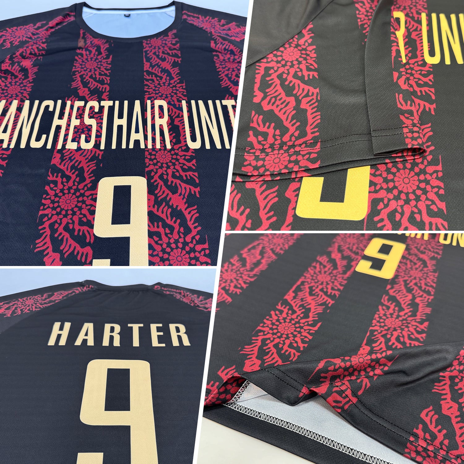 Custom Black Vegas Gold-Red Abstract Shape Sublimation Soccer Uniform Jersey