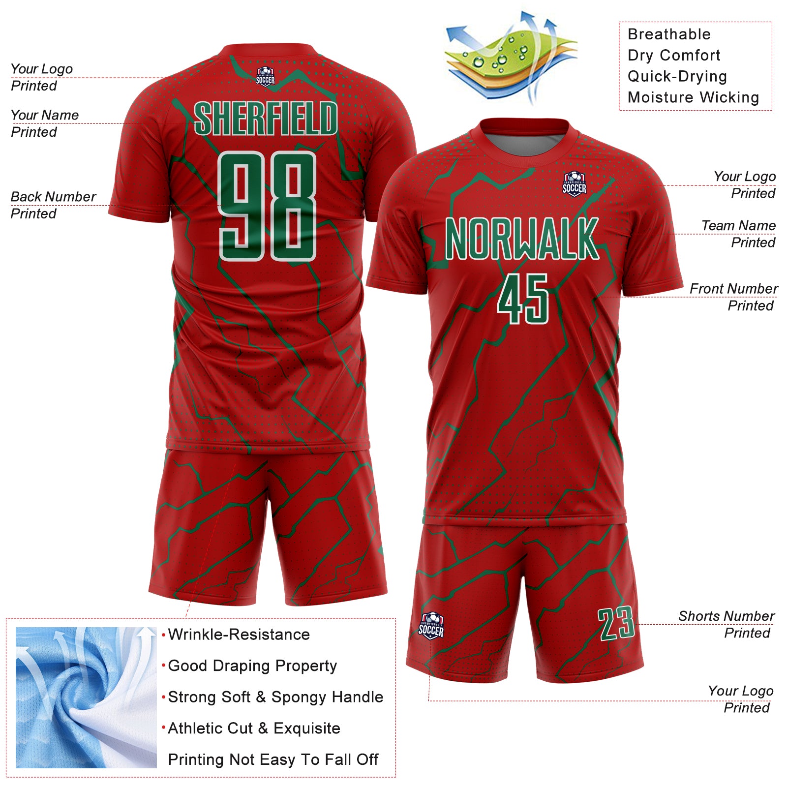 Custom Red Kelly Green-White Lightning Sports Sublimation Soccer Uniform Jersey