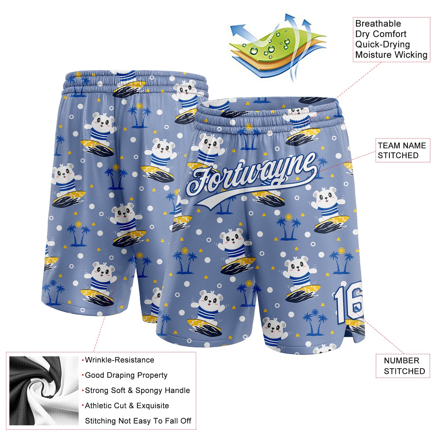 Custom Light Blue White-Royal 3D Pattern Hawaii Palm Trees And Bears Surfing Authentic Basketball Shorts